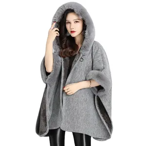 2024 Winter Warm Thick Batwing Sleeves Horn Buckle Loose Cloak Velvet Poncho Capes Women Faux Fur Neck Knitted Overcoat With Hat