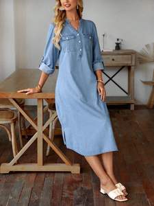 Vestido Camisero Largo Elegante de Mezclilla Estilo Vintage Casual para Mujer con Abertura y Botonadura Simple para Primavera Talla XL Moda de Dama al por Mayor - Product Image 4