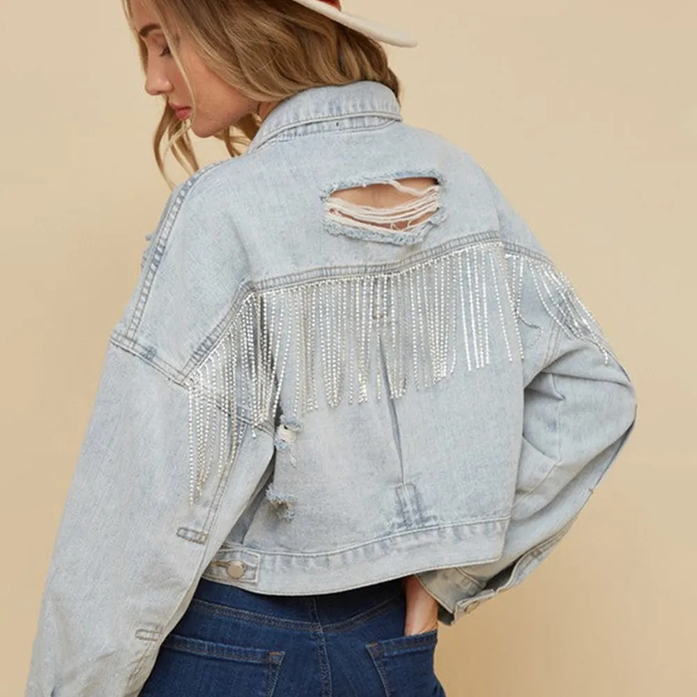 Jaqueta jeans Mulheres Lapela Manga Longa Buraco Borla Reta Rosa Denim Top Outono Algodão Casual Vintage Casaco Streetwear Senhoras