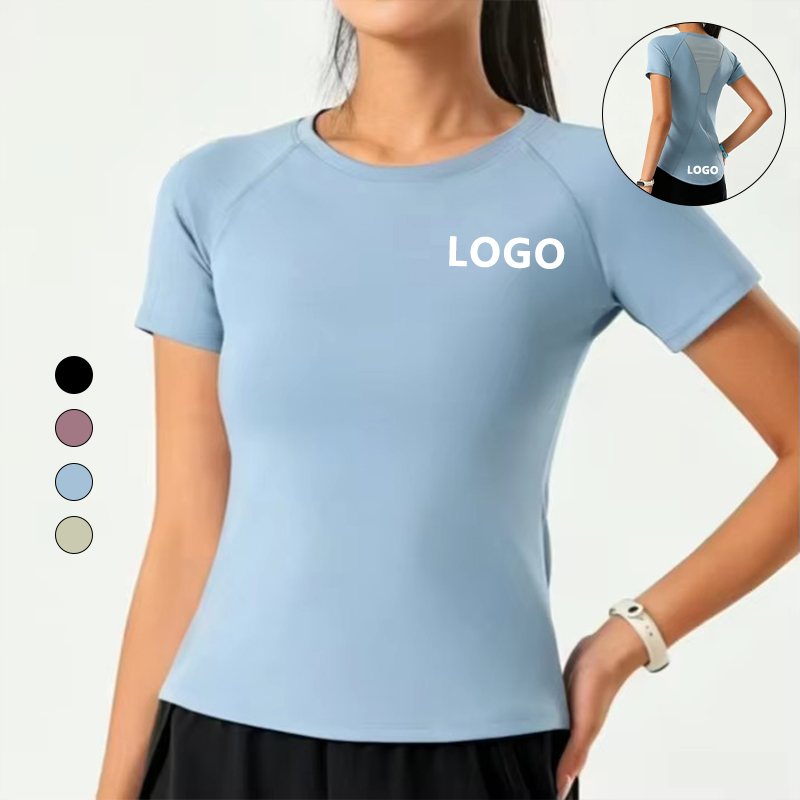 Custom Logo Naked Feeling Women Short Sleeve Yoga T-Shirt Mesh Back Breathable Gym Workout Top Fitness Activewear Clothing