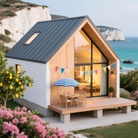Maison préfabriquée moderne et minimaliste de luxe avec vue sur le lac, en panneaux sandwich en bois, grandes fenêtres pleine hauteur, construction personnalisée