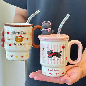 Zuo Mu <b>Ceramic</b> <b>Mug</b> With Lid And Straw Insulated Cute Bear Cat Design For Home Office Gift Spring 2025 - Product Image 1