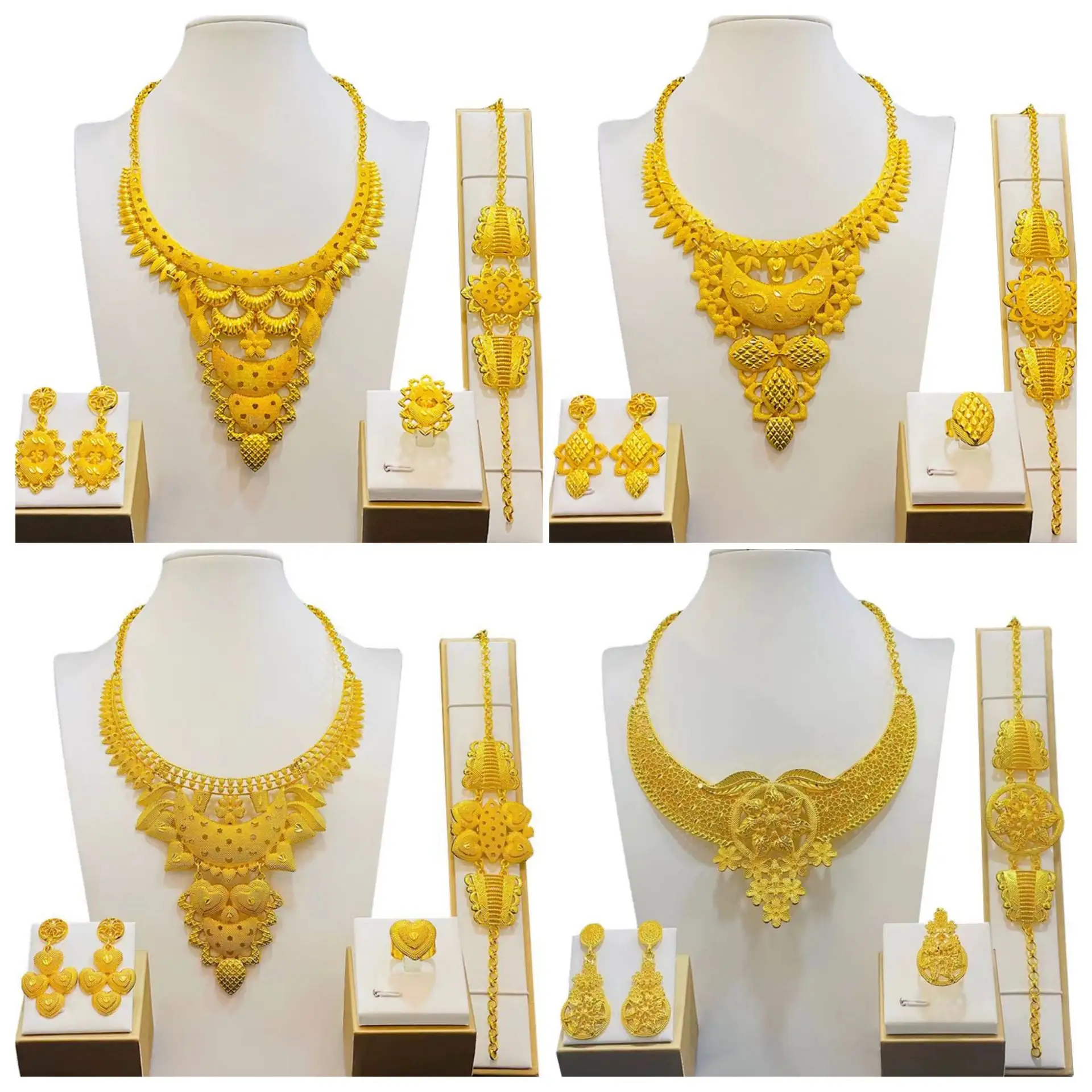 4pcsset necklace earrings bracelet ring high quality dubai 24k gold african style wedding big jewelry set for women