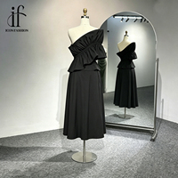 Robe midi élégante pour femme, à épaules dénudées, avec volants et fronces, noire, coupe ajustée, style A-line, pour soirée, fête ou club, OEM personnalisé