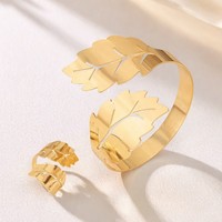 Ensemble bague et bracelet feuille ajourée, style exagéré et minimaliste, bijoux de main ajustables pour femme