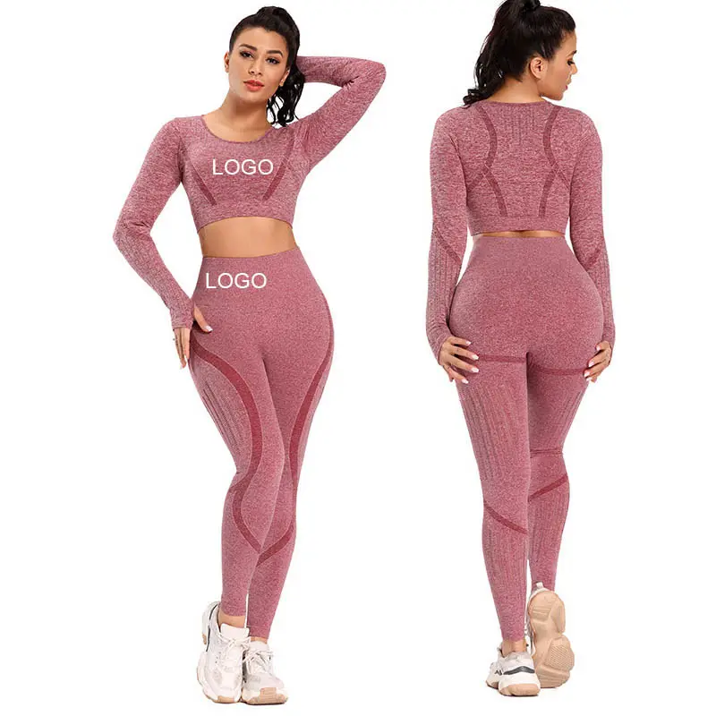 2020 custom high elastic seamless beauty stripe long sleeve yoga sets fashion high waist quick dry breathable workout gym outfit