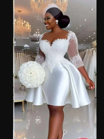 Nouvelle Robe de Mariée Manches Longues, Coupe Princesse, Col en V, Dos Nu, Longueur Genou, Grande Taille, Style Moderne, Ornée de Perles Naturelles