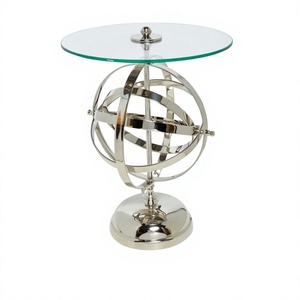 Table basse en verre transparent avec base globe armillaire décorative en métal, table moderne pour la décoration intérieure, articles de mobilier - Product Image 1