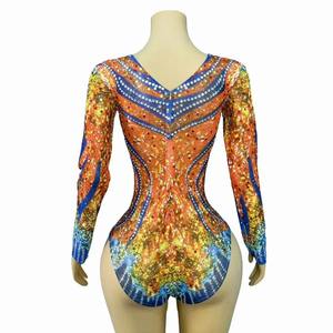 Costume de danse du Xinjiang sexy et scintillant, combinaison en maille ornée de strass colorés, pour spectacle de danse du ventre, défilé de mode, soirée en boîte de nuit, chanteuse, danseuse - Product Image 2