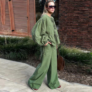 Women's Green <b>Linen</b> 2-Piece Set Long Sleeve O-Neck <b>Top</b> With Ruffles Loose Fit Wide Leg Pants Casual Spring Summer Outfit - Product Image 3