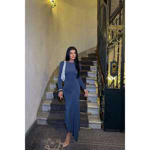 Robe de soirée anthracite coupe princesse à manches longues, col cœur, taille empire, ornée de strass, pour fêtes formelles, taille XS - Product Image 5