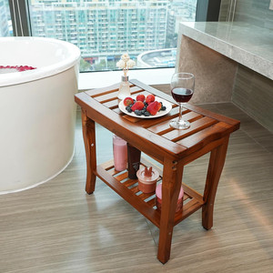 Banc de <span class=keywords><strong>douche</strong></span> en <span class=keywords><strong>bois</strong></span> de teck d'angle de salle de bains Patio intérieur jardin cour bain Spa <span class=keywords><strong>tabouret</strong></span> étanche à 2 niveaux avec étagère de rangement en dessous - Product Image 2