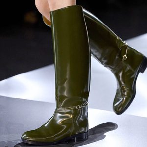 Women Flat Buckles Sip on Knee High Boots Knight Round Toe <b>Long</b> Booties Comfortable Designer Patent Shoes - Product Image 1