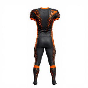 Ensemble d'uniformes de football américain personnalisés, noir et orange, impression sublimée, col en V, manches courtes, jersey ajusté respirant, pantalon pour adulte - Product Image 4