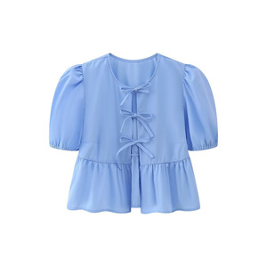 Camicette Vintage da Donna <span class=keywords><strong>con</strong></span> Collo Tondo, Maniche Corte, Lacci e Volant, Motivo Tinta Unita, Tessuto per Primavera Estate - Product Image 3