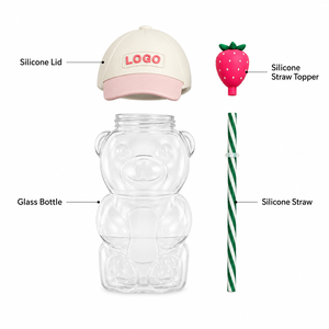 Purple <b>Bear</b> Glass Water <b>Bottle</b> with Ribbed Silicone Lid Grape Straw Topper and Logo Customization - Product Image 3
