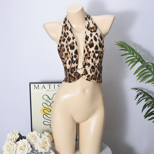 แฟชั่นผู้หญิงเสื้อคล้องคอเซ็กซี่หัวเข็มขัดตกแต่งรูปตัว V ลึกลายเสือดาวแฟชั่นฤดูร้อน - Product Image 5