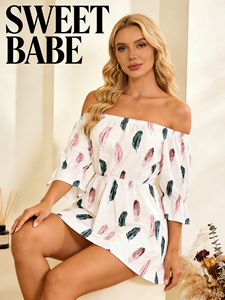 Vestido Casual de Verano SWEET BABE, con Hombros Descubiertos, Estampado de Plumas, Mini, Corte en A, Poliéster/Spandex, Manga Campana - Product Image 1