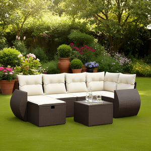 Ensemble de canapés de jardin en polyrotin marron avec structure en acier, plateau en verre trempé, mobilier d'extérieur au design contemporain, mousse haute densité - Product Image 2