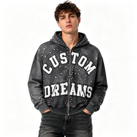 Sweat-shirt à capuche zippé délavé et usé avec lettres autocollantes, veste à capuche avec strass thermocollés, sweat-shirt personnalisé