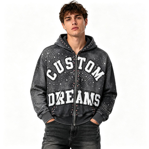 Felpa con cappuccio lavata e usata con cerniera, adesivi a lettere termosaldati, giacca con cappuccio personalizzata con strass, felpa personalizzata - Product Image 3
