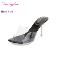 Chaussures de pole dance d'été à talon haut de 8 cm, transparentes en cristal, à bride cheville, bout ouvert, légères et amortissantes, pour boîte de nuit