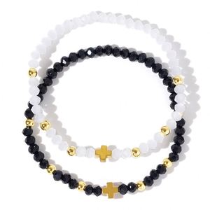 Nouvel Arrivage – Ensemble de 2 Bijoux Fantaisie Faits Main : Bracelets Porte-Bonheur en Perles de Cristal Noir et Blanc avec Croix, pour Femme – Cadeaux Quotidiens - Product Image 1