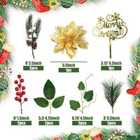 Ensemble de Décoration Florale de Noël pour Gâteau : Pin, Baies, Poinsettia, Feuille de Lierre, Topper Doré Joyeux Noël, Flocon de Neige – Fournitures de Fête de Noël