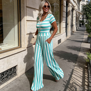 Combinaison à rayures pour femmes, coupe large, manches courtes, col en V, tenue décontractée d'été, vêtements de plage - Product Image 3