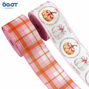 Pita Hias Thanksgiving Motif Labu Pink Putih dengan Cetakan Pita Pink Oranye dan Pita Kotak-kotak Buffalo untuk Hiasan Pintu - Product Image 1