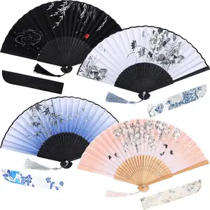 DS Design Hand-Held Bamboo Craft Folding Fan Carved With Silk Fabric Folk Art Style For Parties Weddings Gifts Wall Decoration