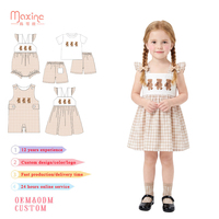 Vente en gros de barboteuses bébé personnalisées à imprimé intégral, broderie ours à carreaux, en Spandex/Coton, décontractées, à col carré, style body à volants d'été