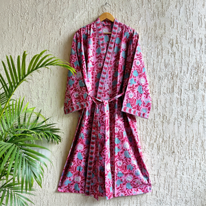 Bata de Casa de Algodón Puro Estampada a Mano, Kimono de Verano, Vestido Floral de Playa, Bata de Baño Hermosa para Festival Oriental, Kimono con Estampado de Bloques - Product Image 1
