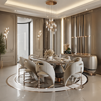 Ensemble de meubles de salle à manger de luxe moderne, table en métal doré, chaises en cuir design pour villa, hôtel, projet clé en main