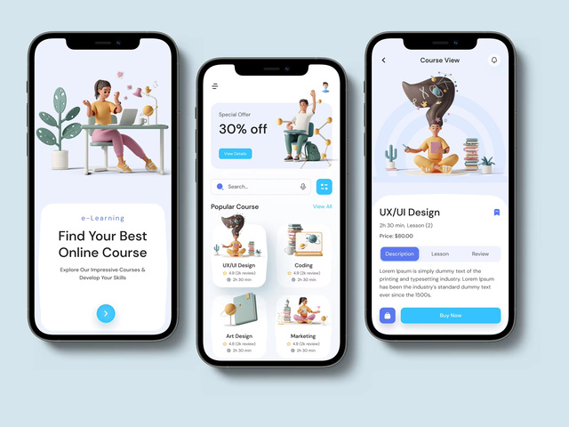 Online Learning App UX/UI Design Course Mobile Interface Educational Reference Software Stock