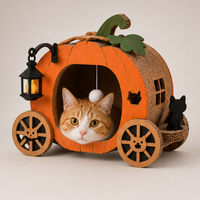 Maison pour chat en carton ondulé en forme de citrouille avec roues et lanterne