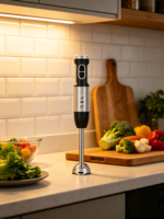 Mixeur Plongeant DC400 Watt avec Boîtier en Acier Inoxydable, Commande par Bouton Poussoir, 2 Vitesses, 4 Lames pour Usage Domestique et Hôtelier