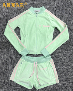Ensemble deux pièces <span class=keywords><strong>en</strong></span> velours pour <span class=keywords><strong>femme</strong></span>, veste et short à rayures contrastées, survêtement de jogging, survêtement <span class=keywords><strong>en</strong></span> velours personnalisé avec strass - Product Image 2