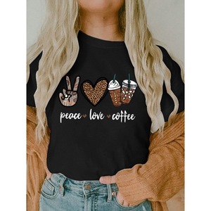 Camiseta <span class=keywords><strong>de</strong></span> <span class=keywords><strong>mujer</strong></span> barata al por mayor con estampado <span class=keywords><strong>de</strong></span> leopardo Peace and Love Coffee, vestido <span class=keywords><strong>de</strong></span> calle, camiseta sexy informal con cuello redondo para chica - Product Image 5