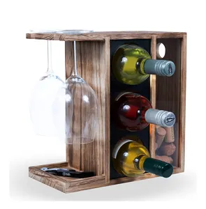 מתלה יין מעץ ל-3 בקבוקים ו-2 מחזיק זכוכית ארגונית עצמאית לאחסון פקק מגש שולחני