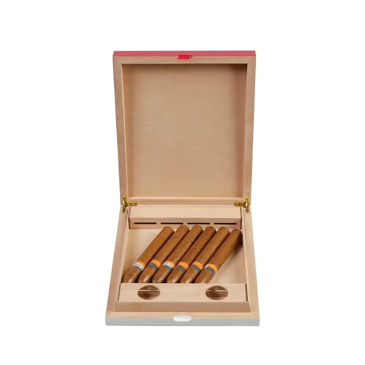 Hot Sale Custom Okoume Laser Wooden Humidor High Gloss Removable Separator Wood Cigar Box