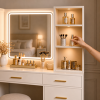 Coiffeuse moderne avec miroir LED, rangement multi-tiroirs, étagère ouverte et tabouret pour chambre à coucher