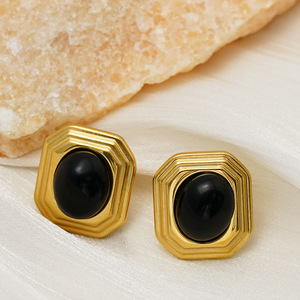 Geometric Stud Earrings Gold Black Stone Bezel Setting Party Fashion Jewelry Stainless Steel Octagonal Design - Product Image 3