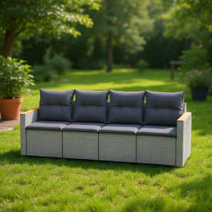 Conjunto de Sofá de Jardín de Ratán Gris Moderno, Muebles de Exterior de Tres Plazas con Cojines, Diseño Contemporáneo, Mimbre de PE Resistente a los Rayos UV - Product Image 2