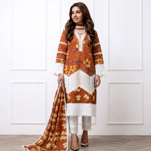 Ensemble Shalwar Kameez pour femmes, imprimé numérique ethnique, dentelle florale, avec dupatta, marron rouille, décontracté - Product Image 1