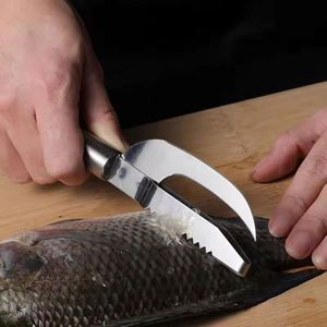 Outil multifonctionnel 2-en-1 en acier inoxydable : écailleur manuel durable et couteau à poisson pour découper, gratter et dégraissier - Product Image 1