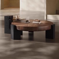 Table basse ronde en bois de noyer de style moderne du milieu du siècle, simple et moderne, avec rangement pour salon