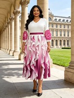 Robe midi plissée pour femmes grandes tailles, col en V, manches 3/4, ornement floral 3D, dégradé rouge et blanc, jupe à volants irréguliers en cascade