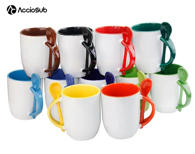Customized 11oz High Quality Inner Color Coffee Cup Drinking Coated Spoon Handle Sublimation Ceramic mug