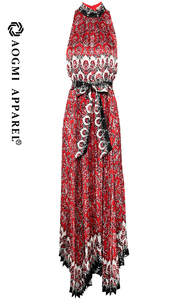 Couture Fashion Women's Printed Halter Neck off the Shoulder Sleeveless Lace-Up Maxi Asymmetrical 100% <strong>Silk</strong> <strong>Summer</strong> <strong>Dress</strong> - Product Image 2